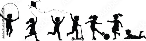 Children playing silhouette vector set, black flat icons featuring kids jumping rope, flying kite, riding scooter, playing football, and having fun outdoors