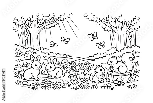 Spring flowers in a forest clearing with sunlight filtering through the trees, friendly animals like rabbits and squirrels nearby