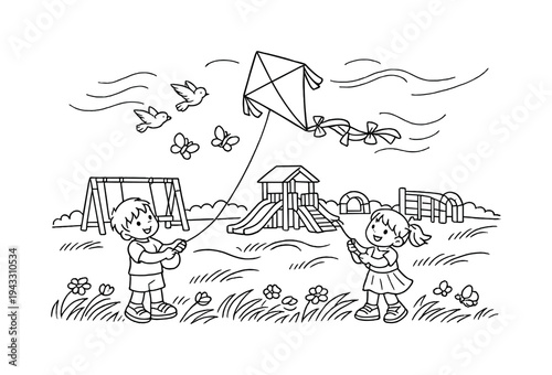Windy kite soaring over a playground with children holding strings, swings and slides around, flowers and grass bending in the