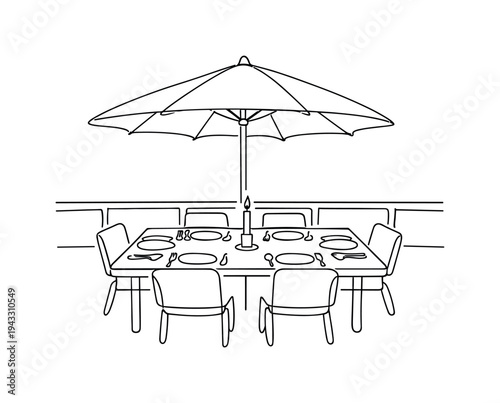Outdoor patio dining setup with rectangular table under a large umbrella, plates and cutlery aligned evenly, simple candle holder