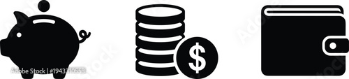 Financial savings and money icon set, black flat vector symbols including piggy bank, stack of coins with dollar sign, and leather wallet