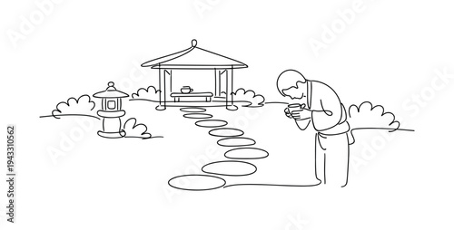 Garden setting with stepping stones leading to a small tea pavilion, guest bowing slightly while holding a cup with both hands,