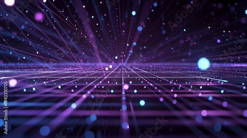 Abstract quantum data grid animation, glowing neon blue violet digital grid stretching infinitely perspective, billions of tiny light particles traveling along grid lines data packets, AI technology 
