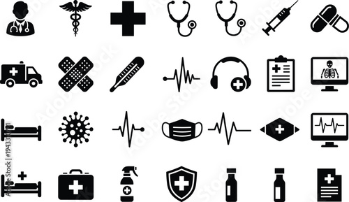 Medical health care icon set, black flat vector symbols including doctor, stethoscope, medicine, hospital bed, ambulance, mask, virus, heartbeat, and first aid kit