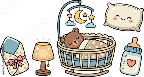 Cute teddy bear sleeping in cradle with mobile lamp baby bottle pillow and blanket vector art illustration