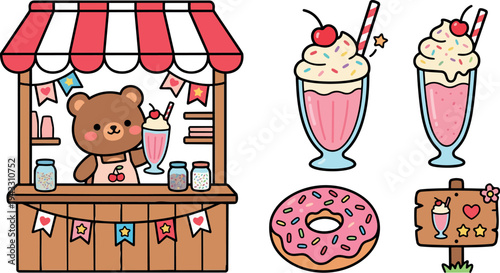 Cute cartoon bear serving milkshake with cherry and whipped cream at colorful wooden ice cream stall with pink donut and decorative sign