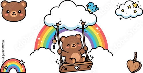 Cute smiling bear sitting on wooden swing holding star decorations under fluffy white cloud with rainbow background and blue bird flying nearby
