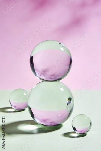 Spheres of glass rest on a white surface with a soft pink background during a studio setting