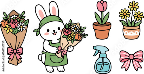 Cute bunny holding flower bouquet in green apron with potted tulip and daisy flowers spray bottle pink bow vector art