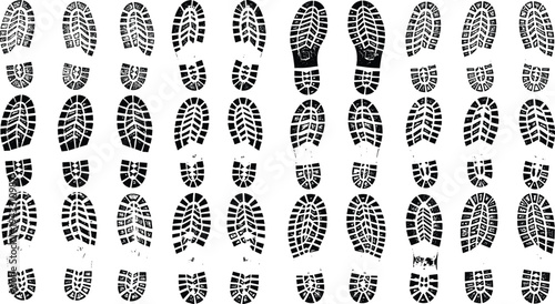 Set of grunge shoe print silhouettes, black boot footprint icons, sneaker tread marks collection, forensic track textures, isolated human steps for design projects