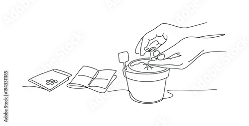 Close view of hands gently transferring a tiny sprout into a prepared pot, small label stake inserted into the soil, packet of