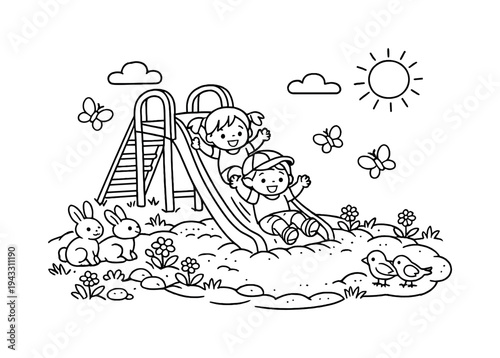Playground slide with children sliding into a sandy area, flowers and small plants growing nearby, friendly animals like rabbits