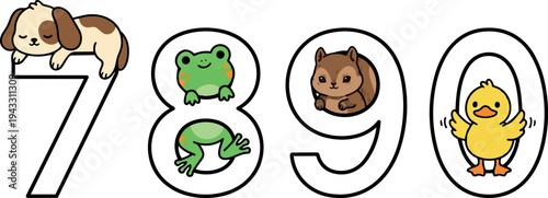 Cute sleeping brown and white puppy on number seven smiling green frog inside number eight relaxed brown chipmunk in number nine cheerful yellow duckling flapping wings in number zero vector art