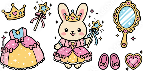 Cute kawaii bunny princess wearing sparkling pink dress holding magic wand with crown slippers hand mirror heart gem set