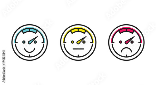 Colorful vector gauge illustrations with smiling, neutral, and frowning faces