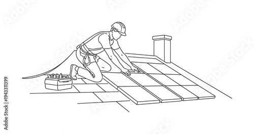Technician kneeling on a sloped house roof installing rectangular solar panels, safety harness clipped at the waist, toolbox