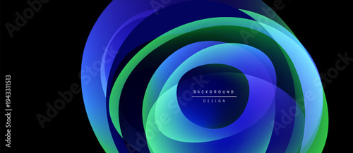 Abstract layers create dynamic circular design. Blue, green hues blend, forming modern background element. Minimal text present.