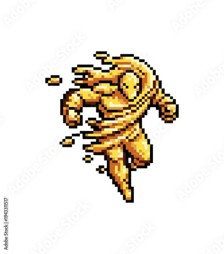 Pixelated figure sprinting forward on black background