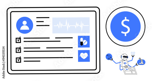 Digital health, AI healthcare, medical technology, data management, financial analysis, telemedicine. A digital patient record, healthcare icons and cost symbol. Digital health and AI healthcare