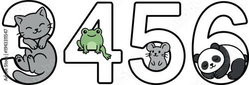 Cute minimalist vector art of animals inside numbers three four five six with sleeping cat green frog grey mouse and resting panda