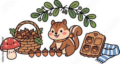 Cute chipmunk with acorns and basket surrounded by mushroom waffle and blue scarf with green leaves decoration