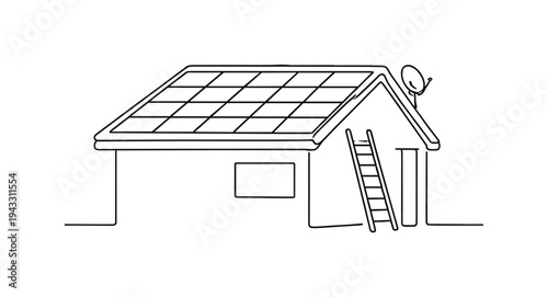 Modern home rooftop covered with neatly aligned solar panels under a clear sky, small satellite dish mounted near the edge and