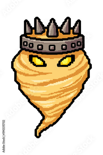 Pixelated tornado character with crown against black background