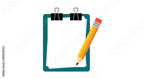 A vector graphic illustration of a pencil and notepad with binder clips