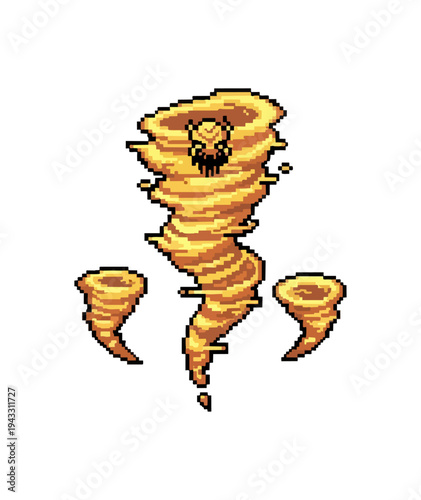 Pixelated tornadoes with digital artifacts on black background