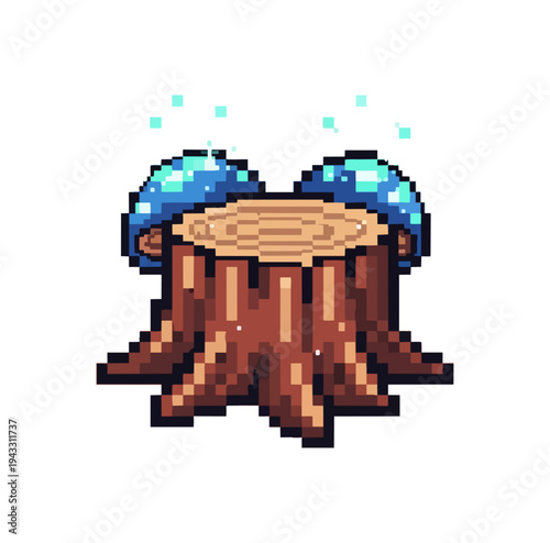 Pixelated tree stump with glowing mushrooms and blue sparks