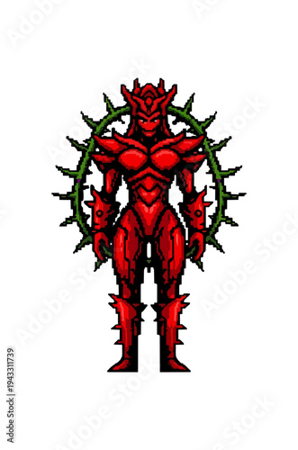 Red knight armor pixel art illustration against black background