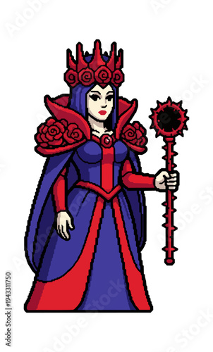 Royal figure in regal attire with ornamental crown and staff