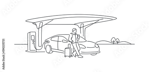 Highway rest stop scene with fast charging station canopy, electric car parked beneath it, traveler leaning against the vehicle