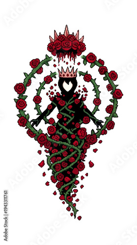Rose heart with crown symbol on black background illustration