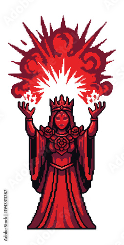Stylized queen figure with crown and celestial aura pixel art illustration