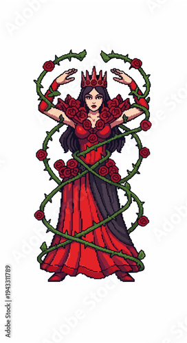 Woman in regal attire with rose embellishments and crown vector illustration