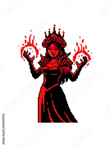 Woman portrait in pixel art style with fiery rings and decorative crown