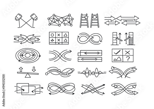 Dueling Recommender Icons. Line vector icons of dueling content recommenders: rival highlight beams, competing preference nets,