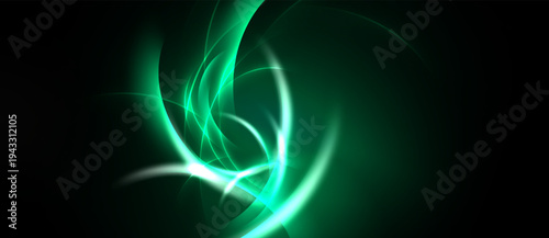 Abstract green energy flows, swirling lines create dynamic visual effect. Dark background emphasizes bright luminescence.