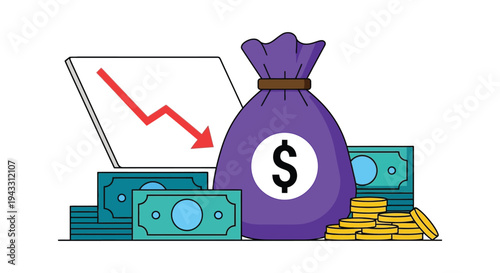 Vector illustration of a purple money bag with a dollar sign surrounded by coins and bills and a declining graph in the background indicating financial loss.