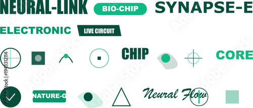 Brain-computer interface and neural network concepts, bio-chip, AI, electronic synapse, future technology icons.