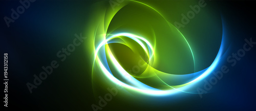 Bright swirling lights form abstract shapes. Green, blue, white hues blend against dark background. Dynamic energy radiates from center.