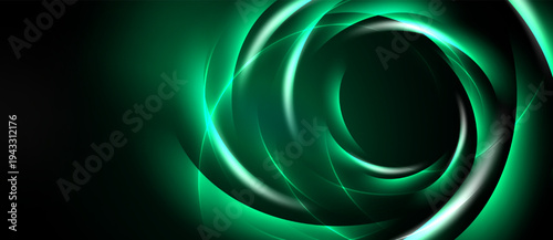 Abstract green swirls, luminous lines create dynamic vortex. Dark background emphasizes bright central glow. Modern design element.
