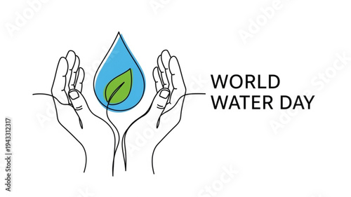 World Water Day continuous line art illustration with hands holding a water drop