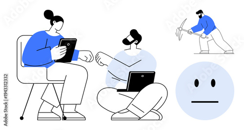 Teamwork, remote work, digital tools, technology, productivity, data management. Two individuals collaborating with tablets and laptops, worker with a pickaxe and a neutral face icon. Teamwork