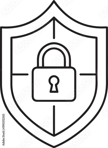 Outline vector illustration of security shield with a padlock icon, symbolizing digital protection