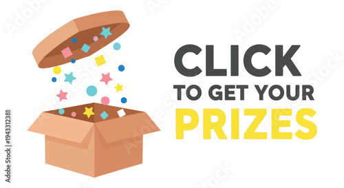A vibrant vector graphic of a brown cardboard box overflowing with colorful confetti and stars, inviting viewers to claim their prizes.