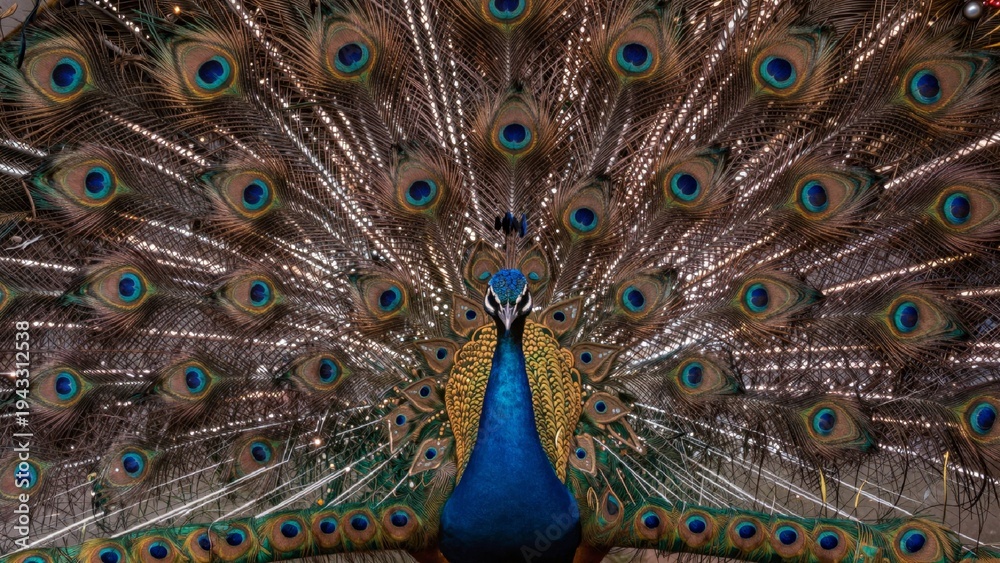 Obraz premium Peacock displaying tail feathers positioned center frame facing directly camera spread fan-like manner showcas