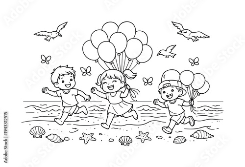 Balloon bunch with children running joyfully with balloons along a sandy beach, seashells and starfish scattered, waves gently