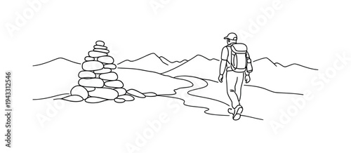 Mountain ridge scene with stacked stone cairn marking the path, distant peaks outlined in the background, lone hiker approaching